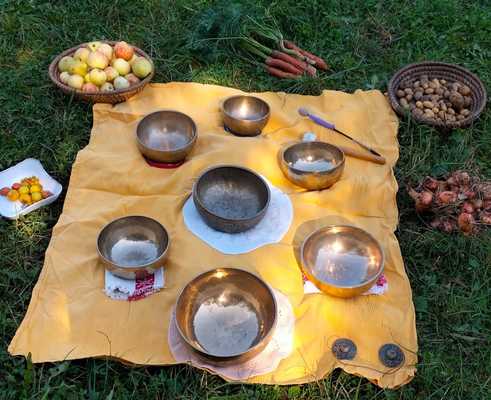 Geerntetes Gemüse mit Klangschalen